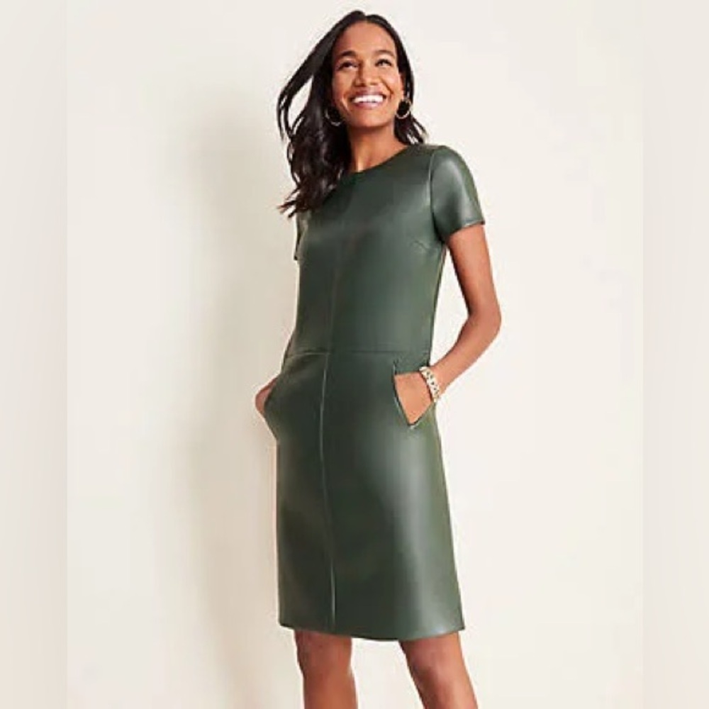 Ann Taylor Faux Leather Pocket Shift MIDI Dress In Dark Olive Noir
